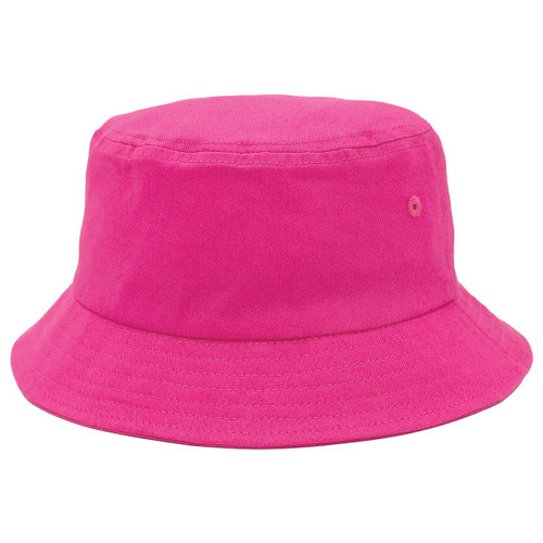 A pink bucket hat with a simple design and stitching details, featuring a small logo.