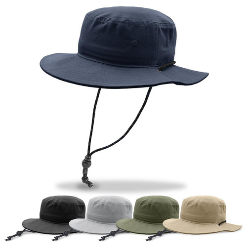 A bucket hat in navy with a drawstring, accompanied by versions in black, grey, olive, and sand.