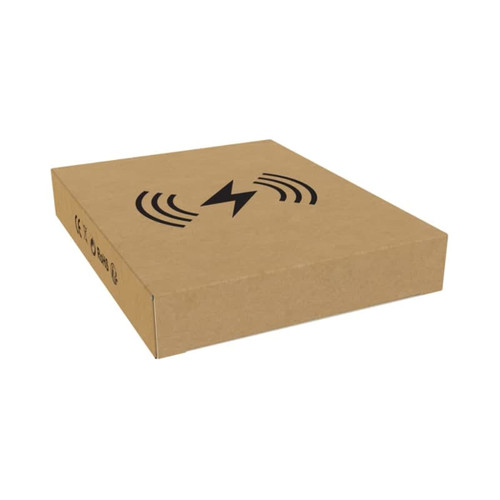 A brown cardboard box featuring a wireless charging symbol. The box has a simple design and includes branding.