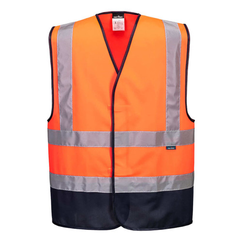 A high-visibility vest in bright orange with grey reflective stripes and a navy hem. It features a logo.