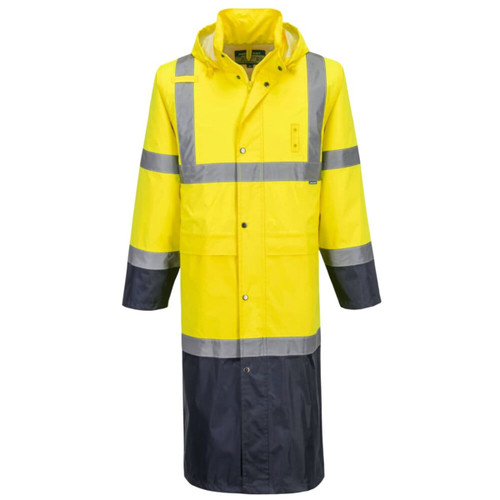 A yellow and navy raincoat with reflective stripes and a hood, featuring a logo on the front.