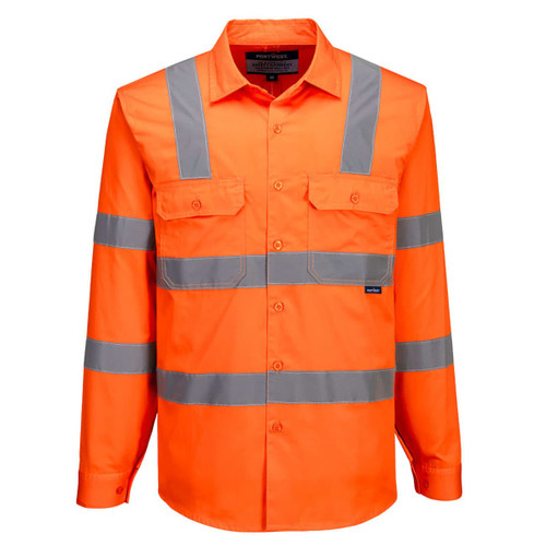 A high-visibility long-sleeve cotton shirt in bright orange with grey reflective stripes and pockets.