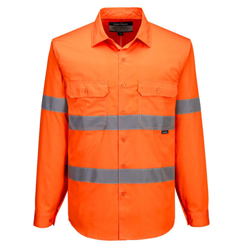 A bright orange long-sleeve shirt with reflective strips and a logo on the chest. Features two front pockets.