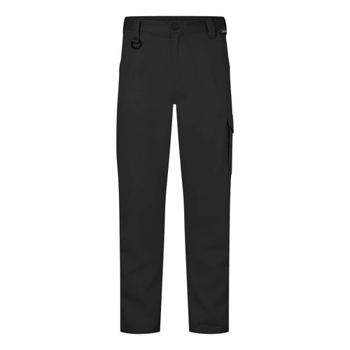 Lightweight drill pants in black, featuring a slim fit and a side pocket, with a branded logo.
