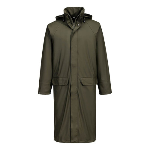 A long coat in olive green with a hood, featuring two front pockets and a buttoned closure. It has a logo on the chest.