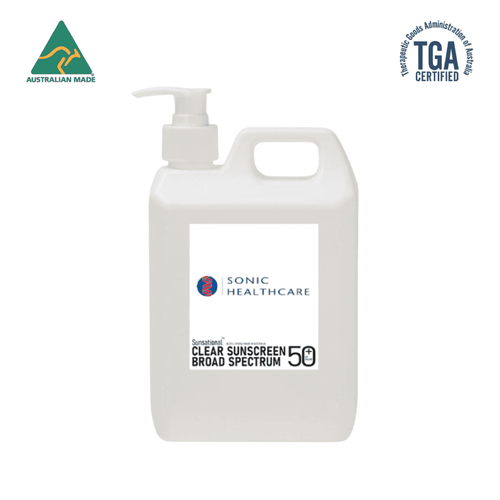 A 1L white pump bottle of SPF 50 sunscreen lotion with branding and certification logos.