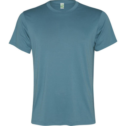 A blue t-shirt with short sleeves and a round neckline, featuring a tag inside, and a logo on the front.