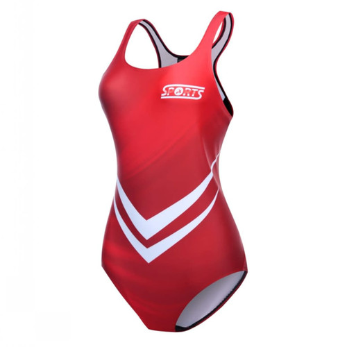 A red swimming one piece with white chevron stripes and a logo on the chest. Ideal for sports uniforms.