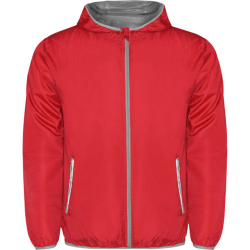 A red windbreaker jacket featuring a grey lining and zippered pockets, with a hood and a branding logo.