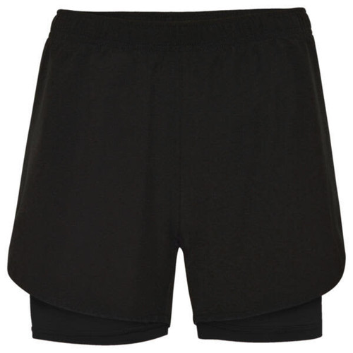 Black sports shorts featuring a layered design and an inner lining. The shorts also have a logo.