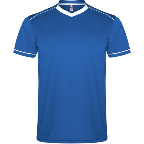 A blue sports uniform top with white accents and a V-neck design, featuring a logo.