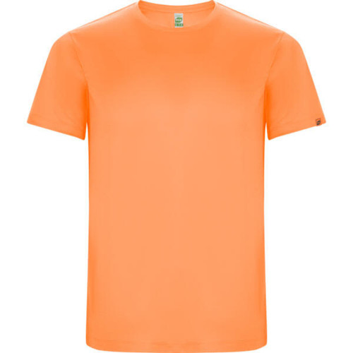 An orange Imola T-Shirt with a short sleeve design and a logo on the side.