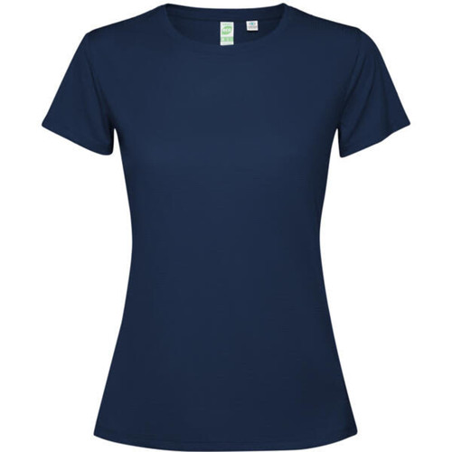 A navy blue women's T-shirt with short sleeves and a fitted design, featuring a logo on the label.