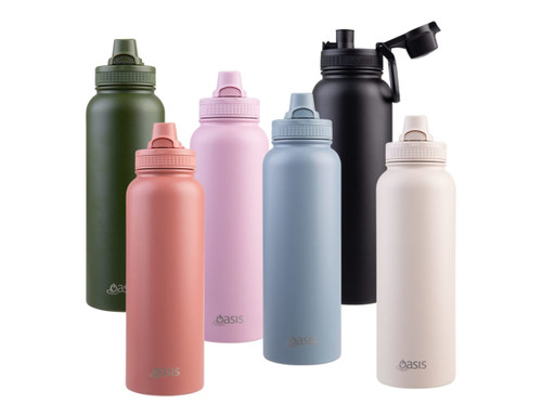 A drink bottle collection featuring green, pink, grey, black, white, and terracotta options, each with a quick release cap.
