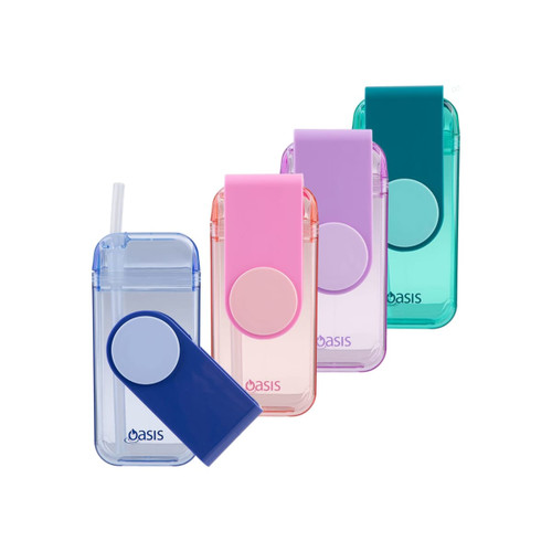 A drink bottle collection featuring four colours: blue, pink, purple, and teal, with a logo on each.