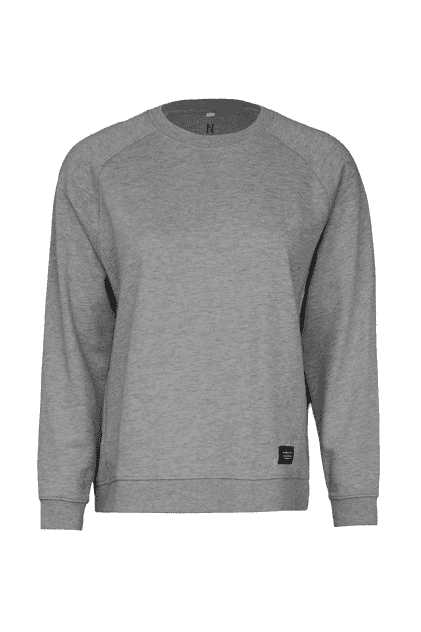 A grey sweatshirt with a relaxed fit, featuring contrasting sleeves and a small logo.