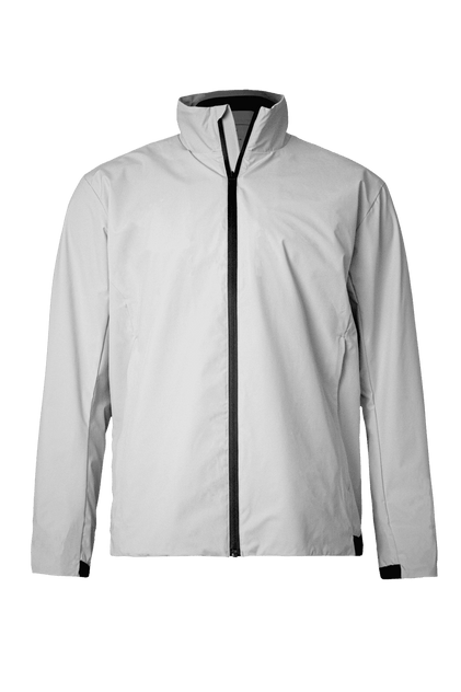 A light grey men's jacket with a high collar and zip front, featuring a logo on the chest.