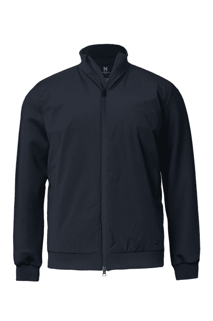 A navy blue hybrid jacket featuring a zip front and a stand-up collar, with a logo on the chest.
