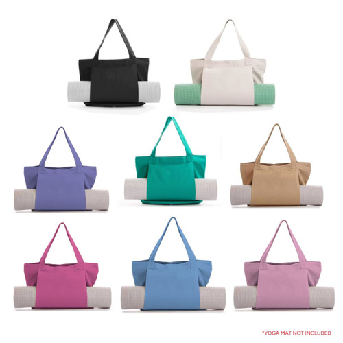 A collection of canvas bags in black, cream, teal, purple, beige, green, pink, and blue, holding a rolled yoga mat.