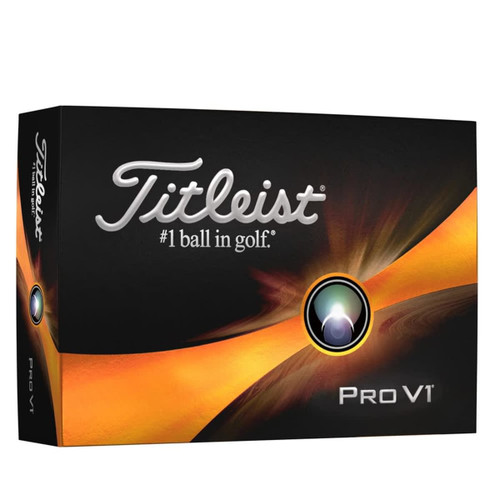 A black box containing Titleist ProV1 golf balls, featuring an elegant orange and silver design with a logo.