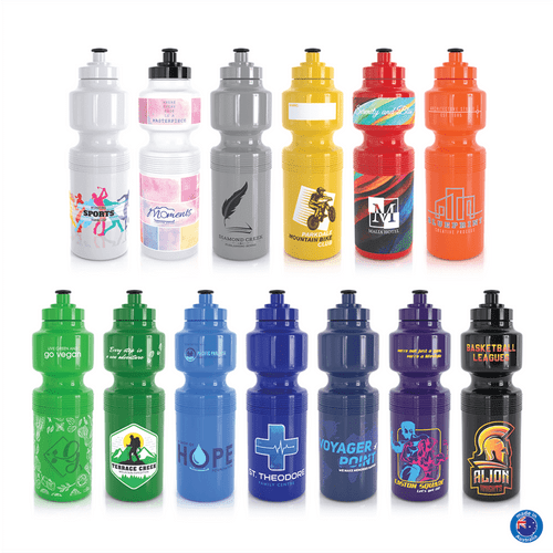 A drink bottle collection featuring various colours like grey, pink, yellow, orange, green, and black, each with unique designs and logos.