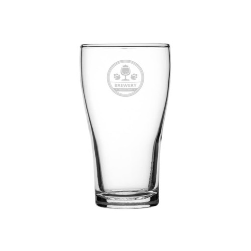 A clear glass beer glass with a conical shape, featuring a logo on its surface.