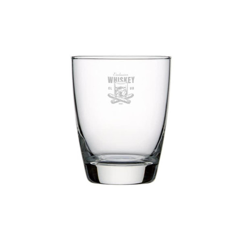 A glass tumbler in clear glass with a logo, featuring a classic design suitable for whisky.
