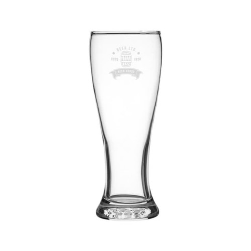 A clear glass beer glass with a curved design and a logo faintly visible near the top.