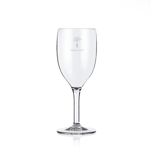 A clear plastic wine glass with a stem, featuring a logo on its side. Suitable for beverages.