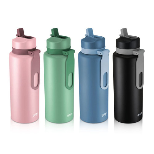 A drink bottle set featuring four colours: pink, green, blue, and black, each with a flip-top lid and a logo.