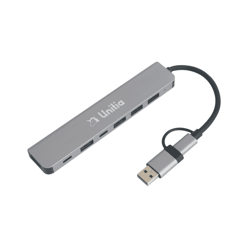 A silver 7-in-1 USB hub with multiple ports and a connected USB cable. It features a logo.