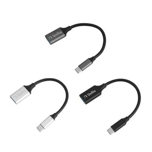 A collection of three USB 3.0 to USB C OTG adapters in silver and black, each with a logo.