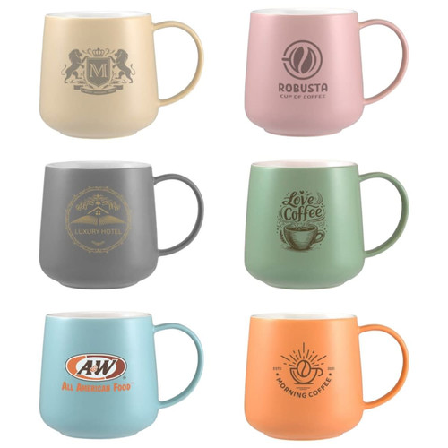 A set of six coffee mugs in pastel colours, featuring various designs and branding on each mug.