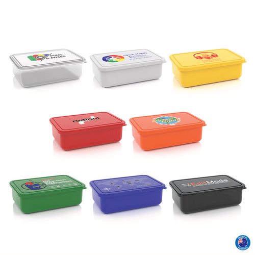 Eight rectangular lunch boxes in various colours: red, green, yellow, white, grey, orange, and blue, with logos.