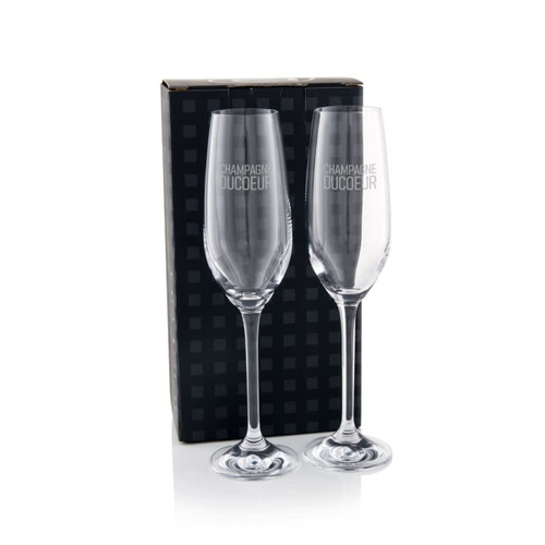 A twin pack of clear champagne flutes in a black box, featuring elegant stemware design and branding.