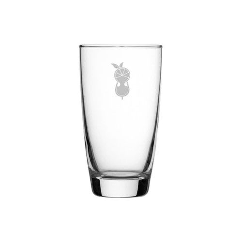 A clear glass tumbler with a simple logo, featuring a tall and sleek design, perfect for beverages.