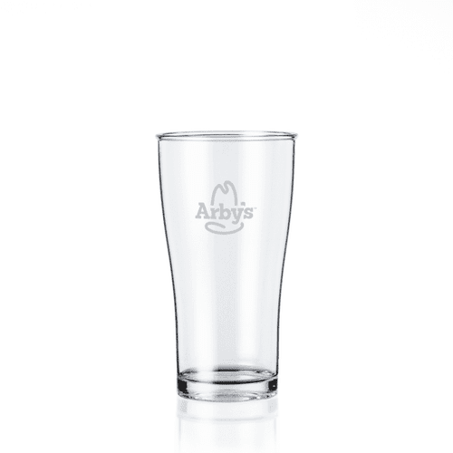 A clear plastic tumbler with a logo, featuring a tall and sleek design, perfect for beverages.