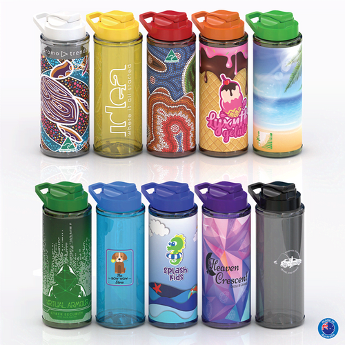 A collection of colourful drink bottles in various designs, featuring multiple vibrant hues and unique illustrations.
