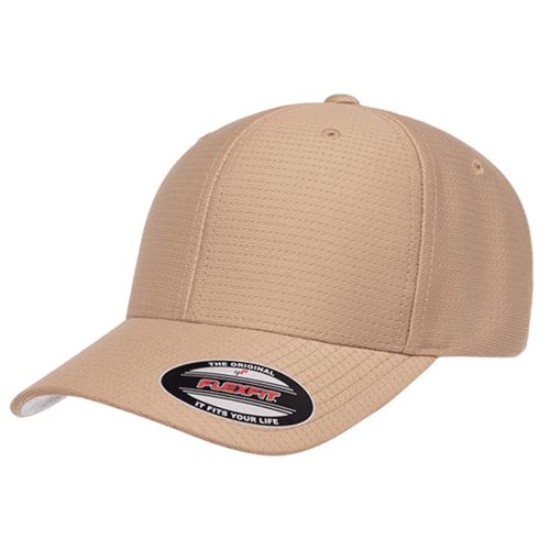 A tan baseball cap with a fitted design and a logo on the front.