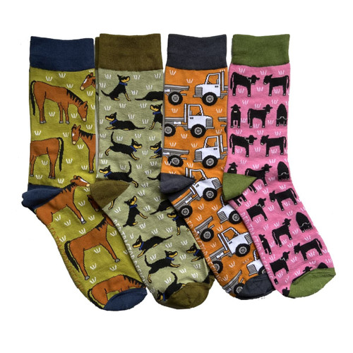 A collection of four pairs of combed cotton socks featuring designs of horses, trucks, dogs, and cows in various colours.
