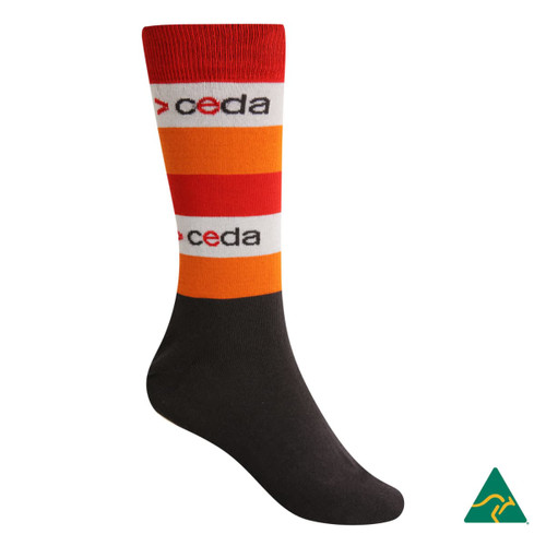 A pair of striped socks featuring orange, red, and white bands, with a black base and a logo.