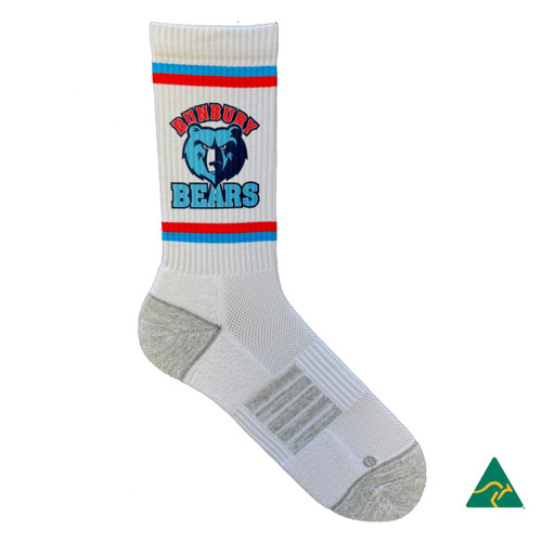 A white sock with blue and red stripes, featuring a logo and branding for Bunbury Bears. The toe and heel are grey.