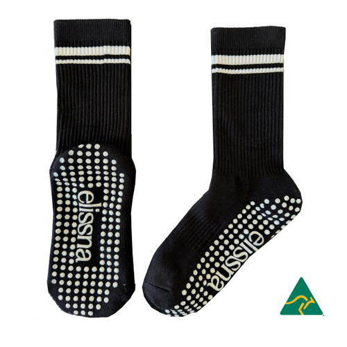 Crew Grip socks in black with white stripes and textured grip soles. Features branding on the side.