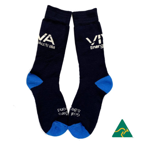 A pair of navy blue work socks featuring blue accents and a logo, made from bamboo full terry material.