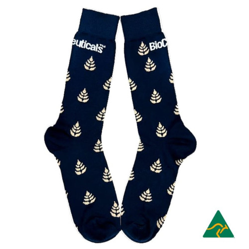 Navy blue socks with a leaf pattern and a logo, featuring a design that highlights bamboo.