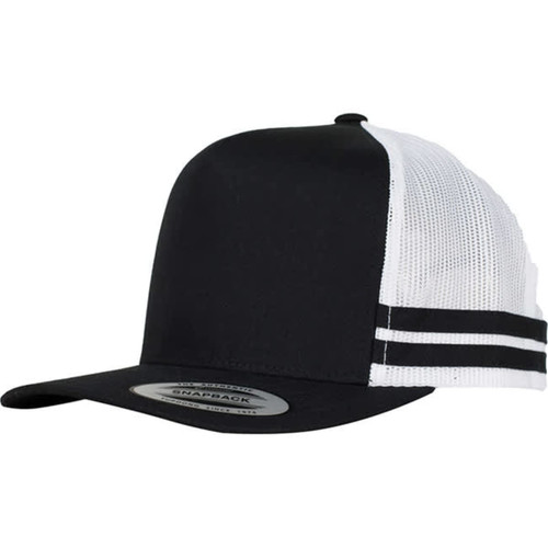 A black and white striped trucker cap featuring a solid front and mesh back, with an adjustable snapback closure.