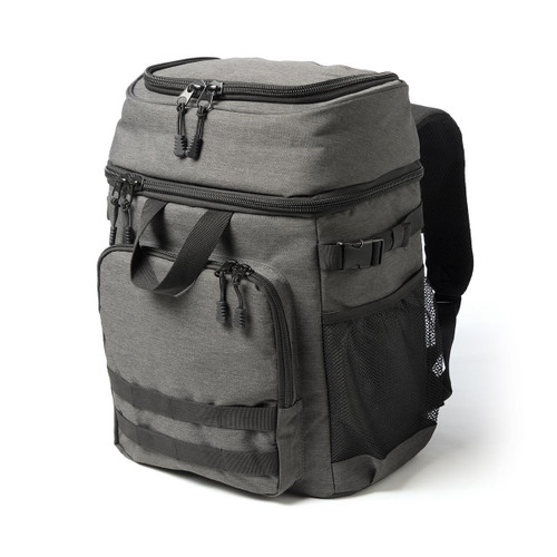 A grey backpack cooler featuring multiple zippered compartments, a mesh side pocket, and adjustable straps.