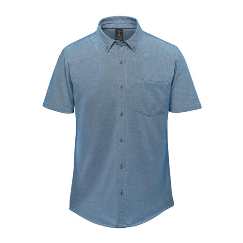 A short-sleeve knit shirt in shades of blue, featuring a button-up front and a chest pocket. It has a logo.