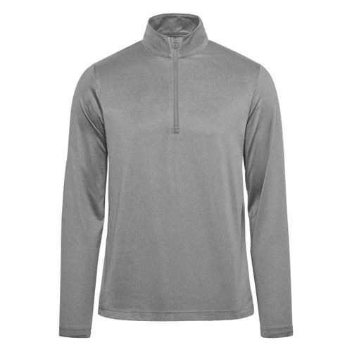 A grey men's pullover featuring a 1/4 zip design and long sleeves. It has a logo on the chest.