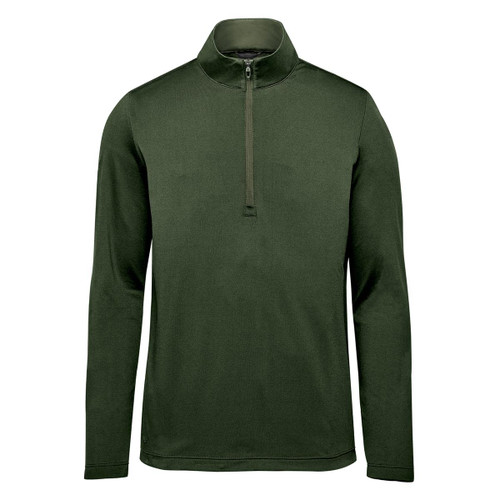 A green men's 1/4 zip pullover with long sleeves and a high collar. It features a small logo on the chest.